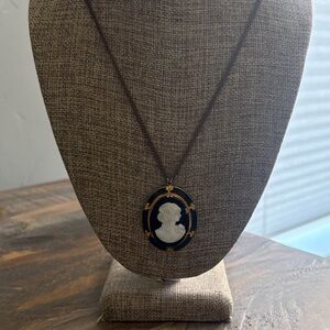 Vintage Victorian white/ Black onyx Cameo Pendant  on 18” brass Necklace